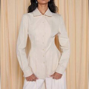 Ivory off white cream button front long sleeve cinched waist tapered shirt